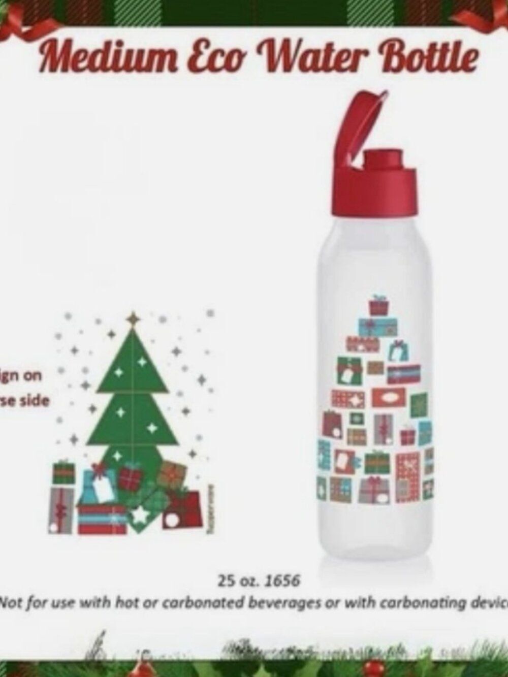 NWT Tupperware Eco Water Bottle Christmas Tree Holiday Design 25 oz. Flip Top
